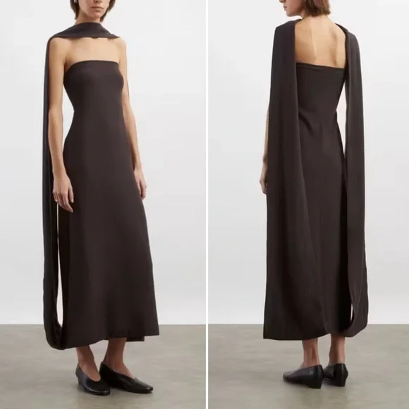 Paloma Wool Alberch Strapless Wool Blend Chocolate Brown Dress w/ Attached Scarf - Picture 2 of 12